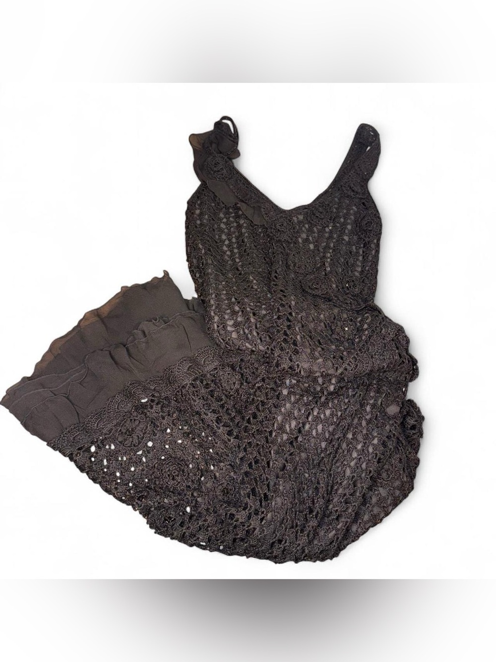 Y2K crochet, embroidered and beaded black midi dress nwt